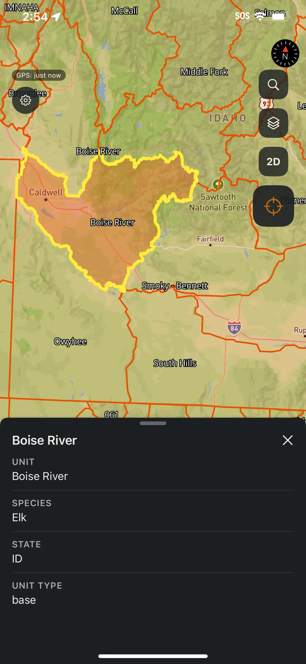 Talus map with a highlighted hunting unit and a detail sheet naming the unit, species, and state.
