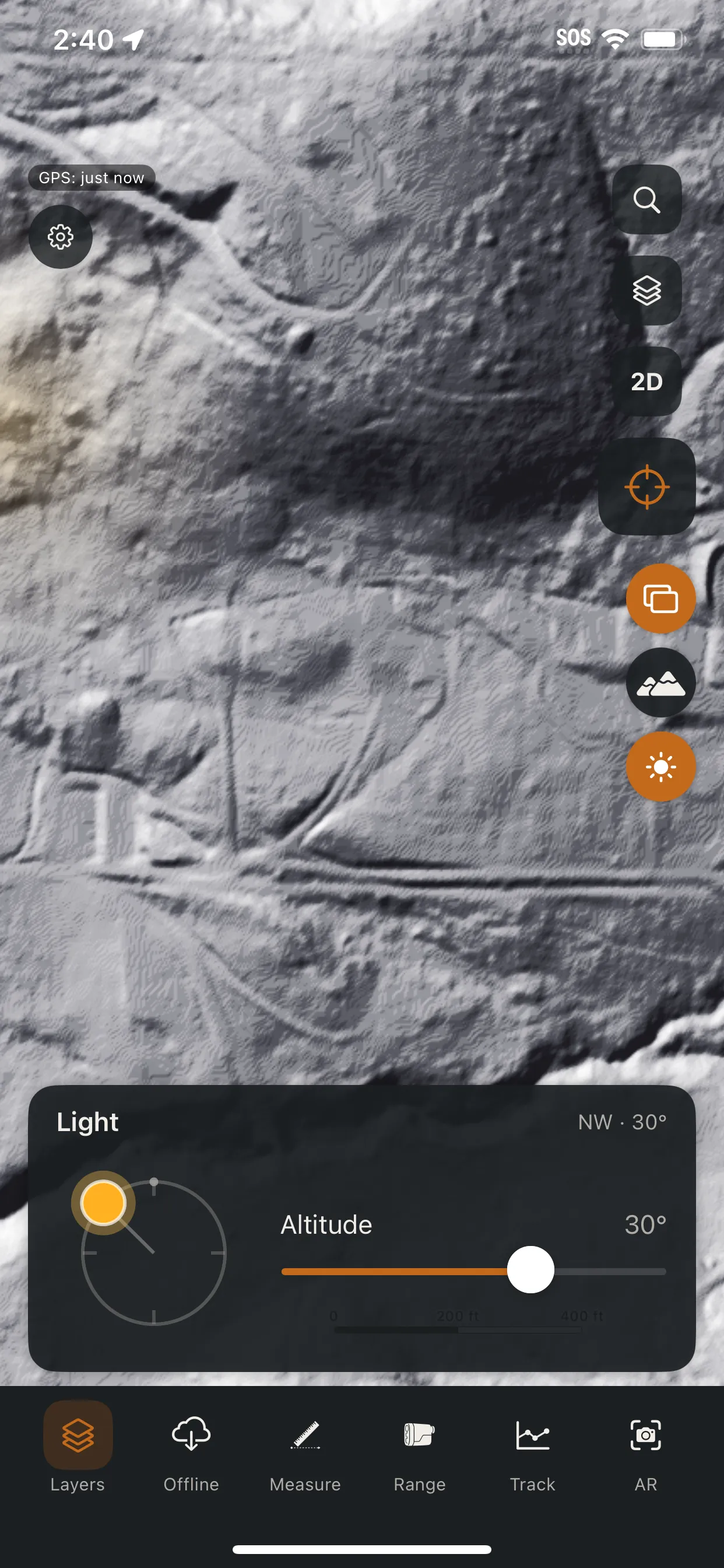 Talus LiDAR low-angle hillshade rendering the bare-earth ground in grayscale relief, with a light-angle control set to a low 30° altitude.