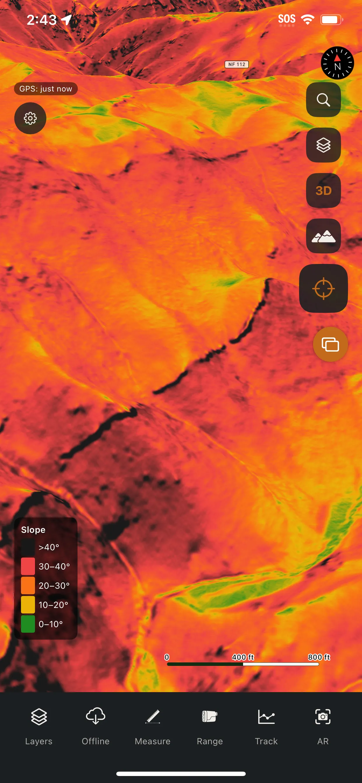 Talus LiDAR slope shading coloring the terrain from green low-angle ground to red steep faces, with a slope legend.