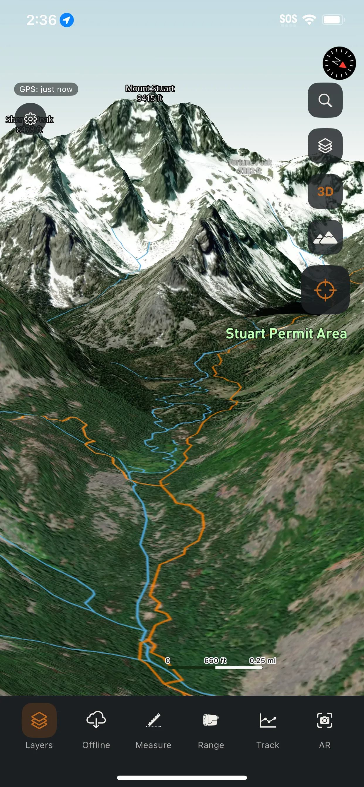 Talus rendering real terrain in first-person 3D, with draped trails and named peaks.